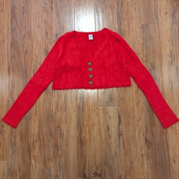 Urban Outfitters Eyelash Ribbed Button Up Cropped Cardigan Hot Pink Womens Small - Picture 1 of 5